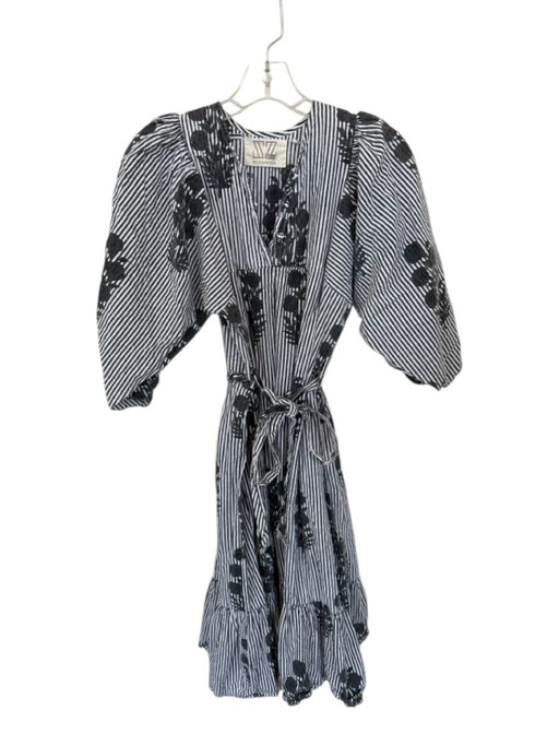 Size S Gray & White Cotton Long Balloon Sleeve Striped Flowers Maxi Dress Gray & White / S