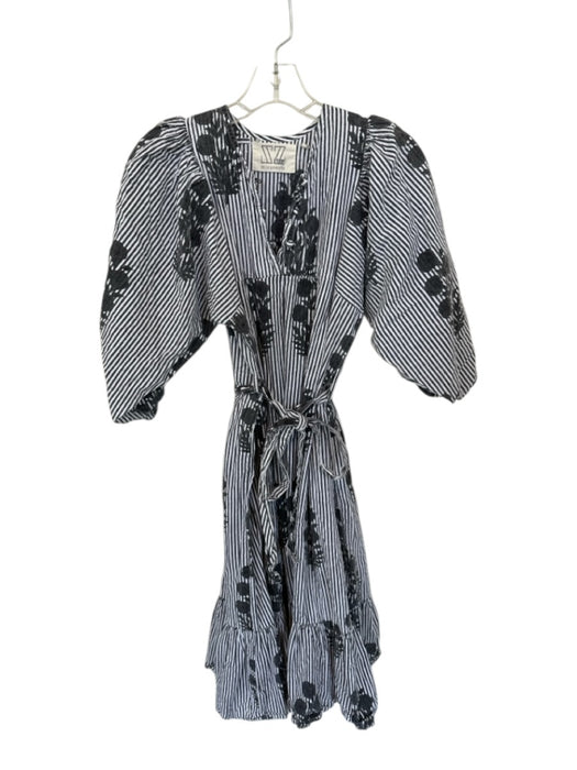 Size S Gray & White Cotton Long Balloon Sleeve Striped Flowers Maxi Dress Gray & White / S