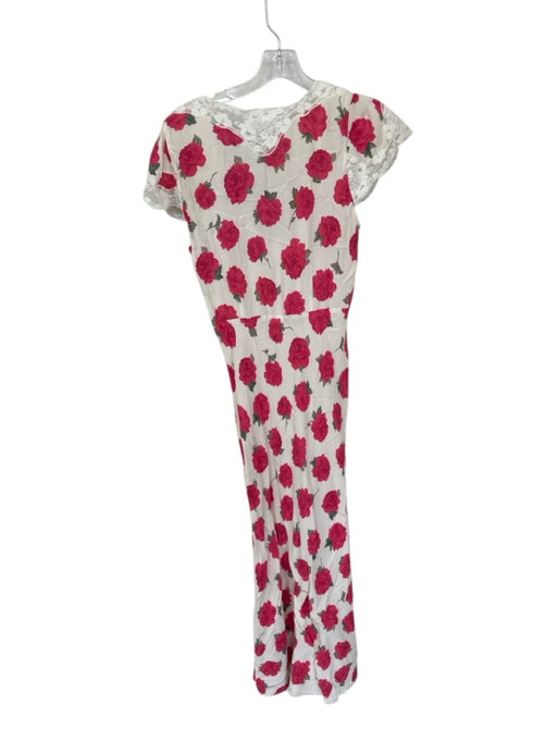 Rixo Size M Cream & Magenta Viscose Blend Cap Sleeve Roses Lace Trim Maxi Dress Cream & Magenta / M