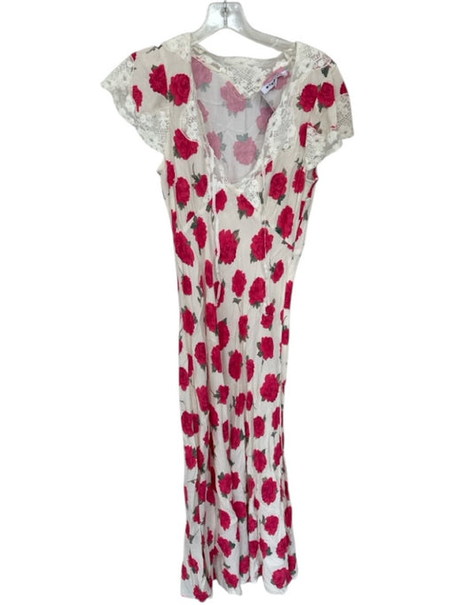 Rixo Size M Cream & Magenta Viscose Blend Cap Sleeve Roses Lace Trim Maxi Dress Cream & Magenta / M