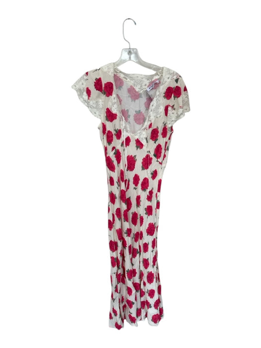 Rixo Size M Cream & Magenta Viscose Blend Cap Sleeve Roses Lace Trim Maxi Dress Cream & Magenta / M