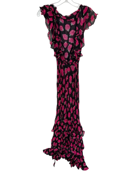 Rixo Size 4 Black & Magenta Viscose Flutter Sleeves Roses Ruffles Low Back Dress Black & Magenta / 4