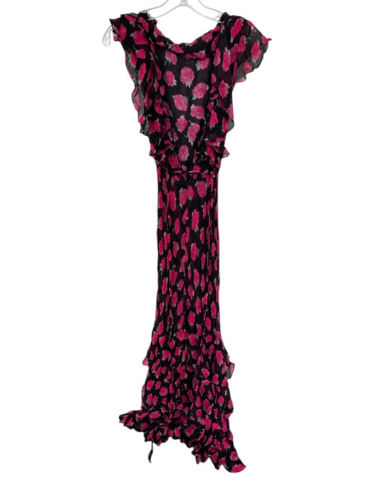 Rixo Size 4 Black & Magenta Viscose Flutter Sleeves Roses Ruffles Low Back Dress Black & Magenta / 4