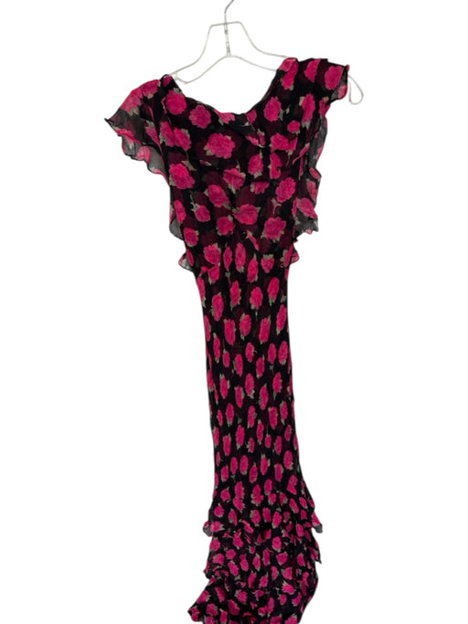Rixo Size 4 Black & Magenta Viscose Flutter Sleeves Roses Ruffles Low Back Dress Black & Magenta / 4