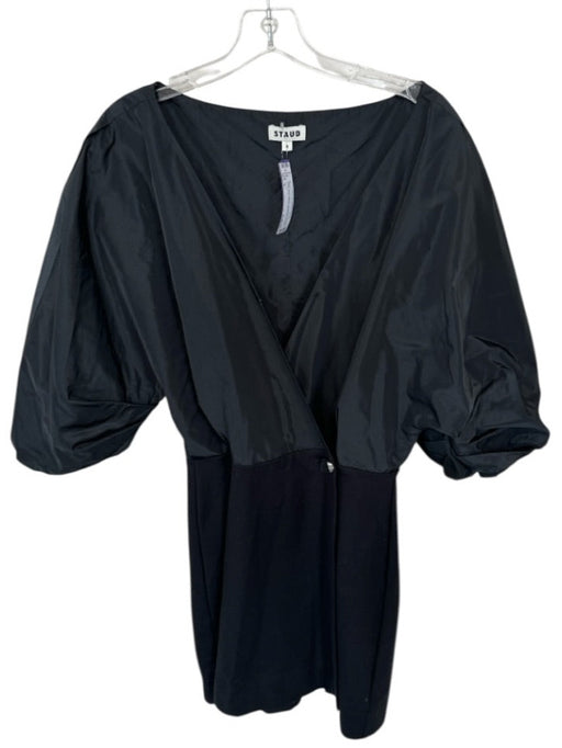 Staud Size 6 Black Rayon Blend 3/4 Balloon Sleeve Cross Over V Neck Dress Black / 6