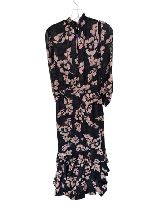Misa Size L Black & Tan Polyester Long Balloon Sleeve Mock Neck Flowers Dress Black & Tan / L