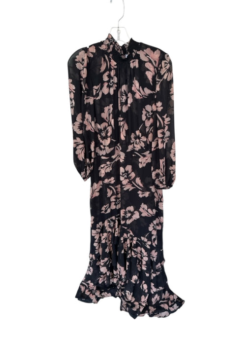Misa Size L Black & Tan Polyester Long Balloon Sleeve Mock Neck Flowers Dress Black & Tan / L