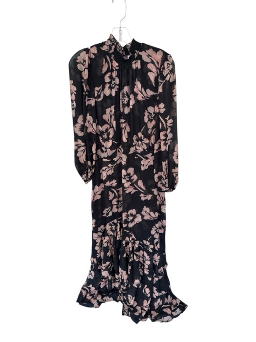 Misa Size L Black & Tan Polyester Long Balloon Sleeve Mock Neck Flowers Dress Black & Tan / L