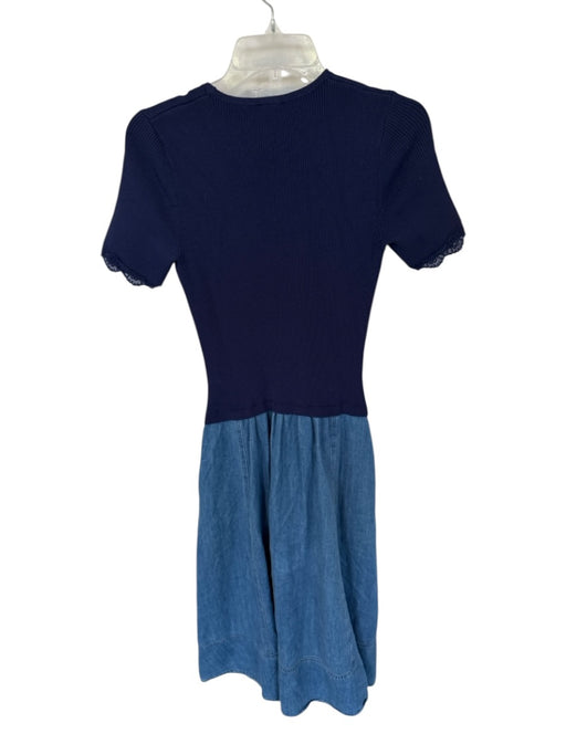 Shoshanna Size S Navy & Blue Cotton Blend Short Sleeve Ribbed Lace Trim Dress Navy & Blue / S