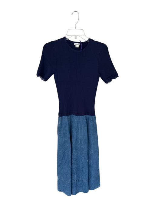 Shoshanna Size S Navy & Blue Cotton Blend Short Sleeve Ribbed Lace Trim Dress Navy & Blue / S