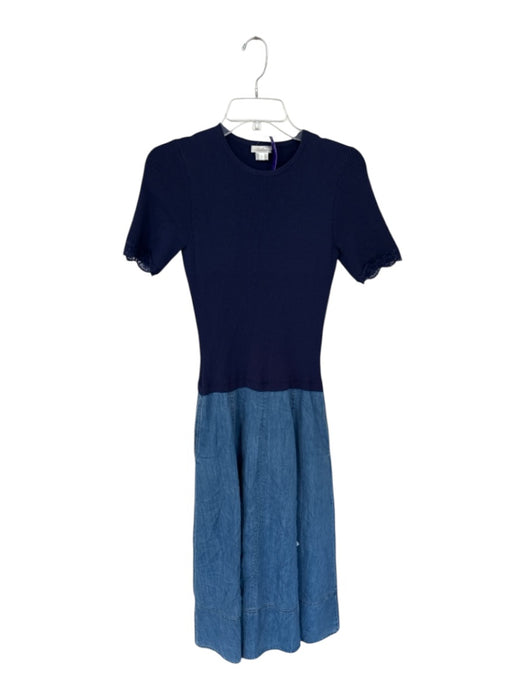 Shoshanna Size S Navy & Blue Cotton Blend Short Sleeve Ribbed Lace Trim Dress Navy & Blue / S