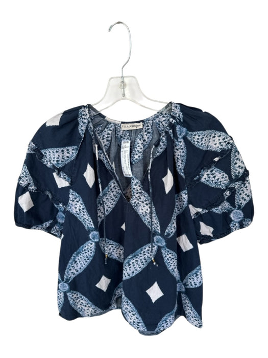 Ulla Johnson Size 0 Navy & white Cotton Short Balloon Sleeve Tie Dye Top Navy & white / 0