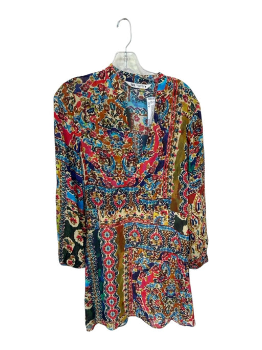Zara Size S Red & Blue Polyester Long Sleeve Flowers Buttons Dress Red & Blue / S