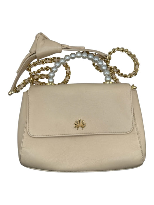 Lele Sadoughi Tan & Pearl Leather Faux Pearl Accent Front Flap Chain Strap Bag Tan & Pearl / S