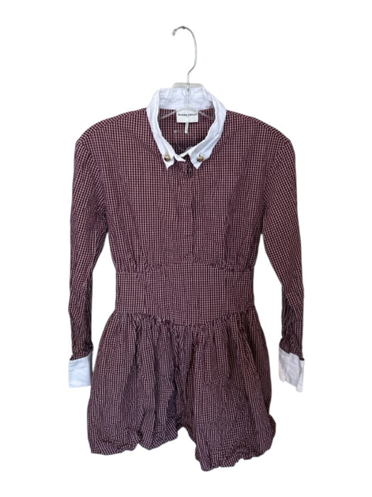 Claudie Pierlot Size 36 Maroon & White Cotton Long Sleeve Grid Collar Dress Maroon & White / 36