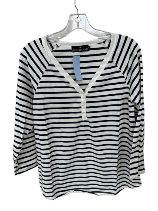 Pomander Place Size M White & Navy Polyester Blend Long Sleeve Striped Top White & Navy / M