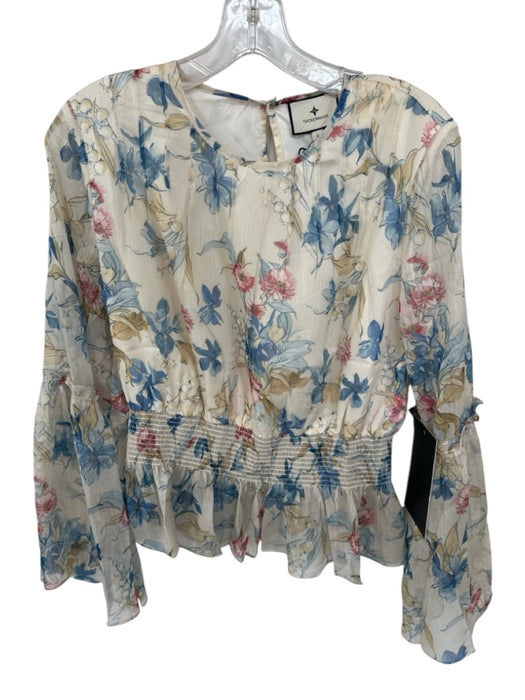 Tuckernuck Size L Yellow & Blue Polyester Long Balloon Sleeve Botanical Top Yellow & Blue / L