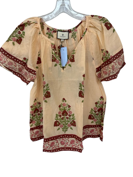 Tuckernuck Size M Orange & Rust Cotton Short Sleeve Flowers V Neck Top Orange & Rust / M