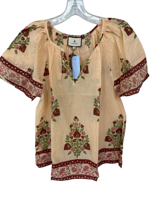 Tuckernuck Size M Orange & Rust Cotton Short Sleeve Flowers V Neck Top Orange & Rust / M