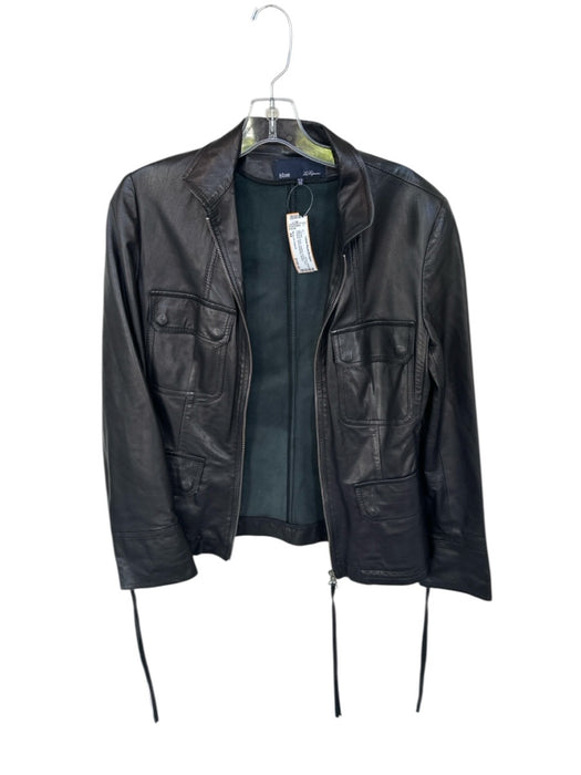 Blue Les Copains Size 44 Black & Silver Leather Full Zip Front Pockets Jacket Black & Silver / 44