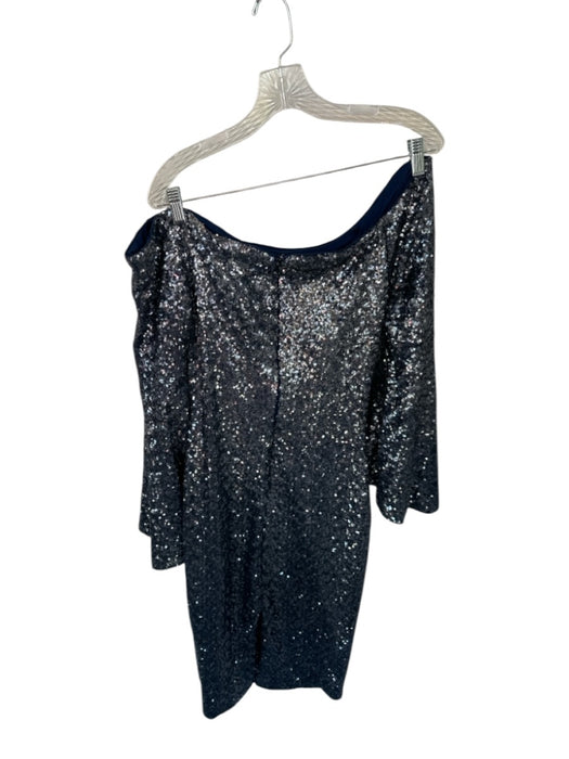 Theia Size 12 Navy & Silver Sequin Off Shoulder Long Bell Sleeve Midi Gown Navy & Silver / 12
