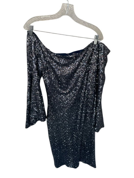 Theia Size 12 Navy & Silver Sequin Off Shoulder Long Bell Sleeve Midi Gown Navy & Silver / 12
