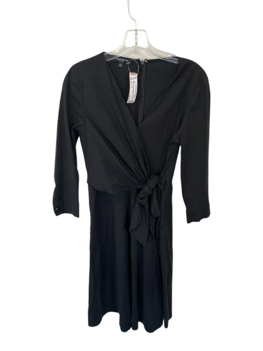 Lafayette 148 Size 4 Black Cotton Long Sleeve Front Tie Back Zip V Neck Dress Black / 4
