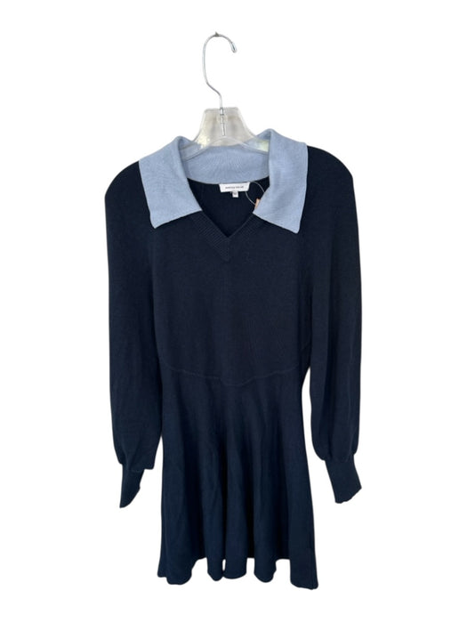 Rebecca Taylor Size S Navy & Blue Wool & Cotton Long Sleeve Collar V Neck Dress Navy & Blue / S