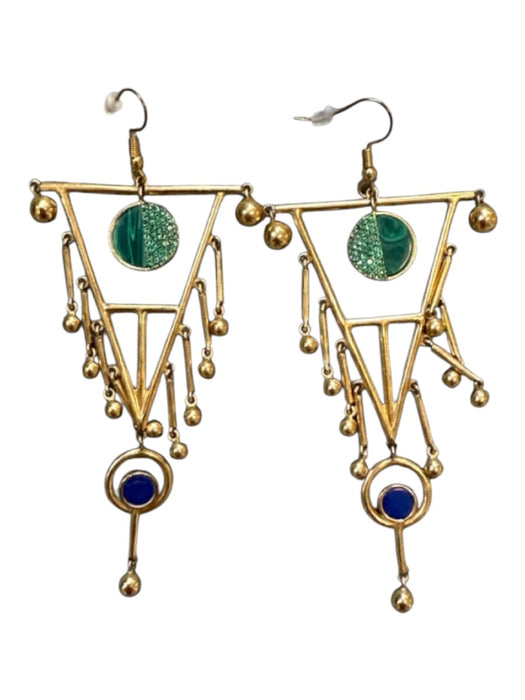 Gold & Green Metal Rhinestone Dangle Art Deco Earrings Gold & Green