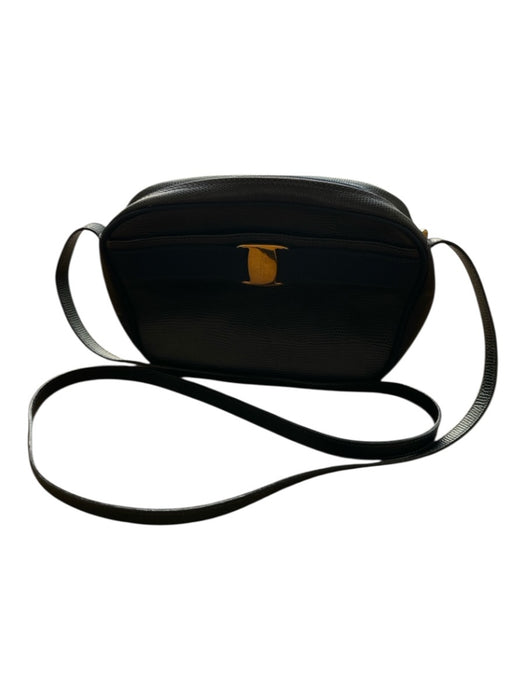 Salvatore Ferragamo navy & gold Leather Textured Logo Zip Close Crossbody Bag navy & gold / S