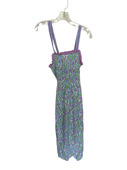 Pink City Prints Size S Purple & Green Cotton Smocked Botanical Back Tie Dress Purple & Green / S