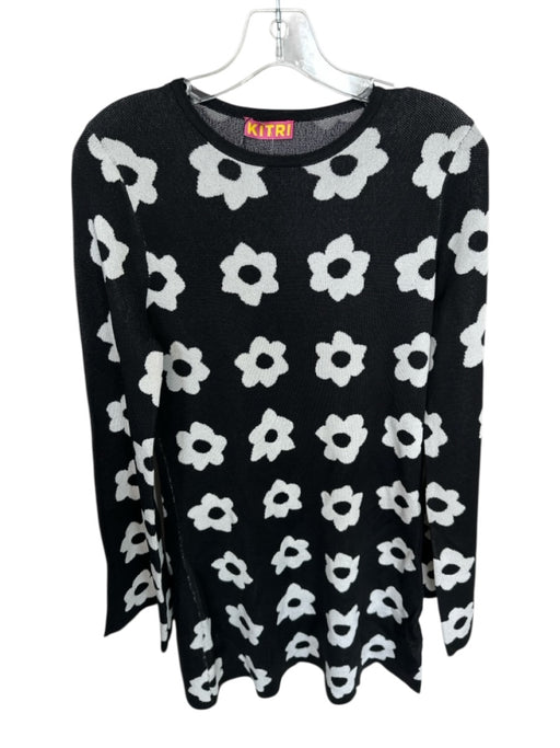 Kitri Size M Black & White Viscose Blend Long Sleeve Flowers Metallic Dress Black & White / M