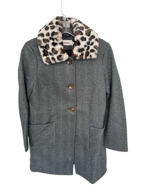 Louche Size 4 Gray & Cream Polyester Herringbone Faux Fur Collar Buttons Coat Gray & Cream / 4
