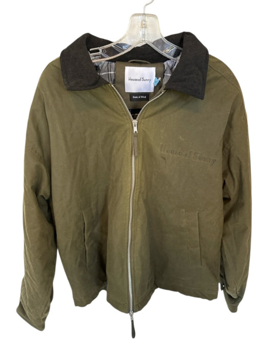 House of Sunny Size XL Olive Green & Black Cotton Blend Long Sleeve Bomber Coat Olive Green & Black / XL