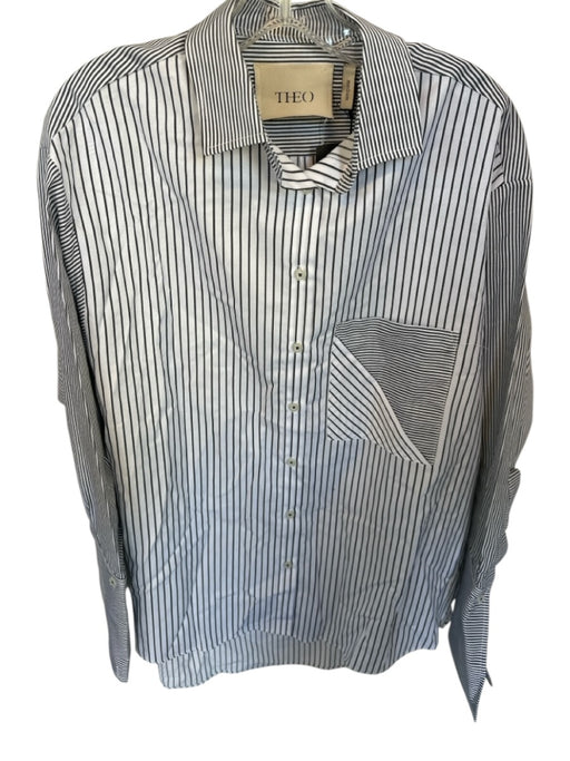 Theo Size M White & Gray Cotton Long Bell Sleeve Striped Front Pocket Top White & Gray / M