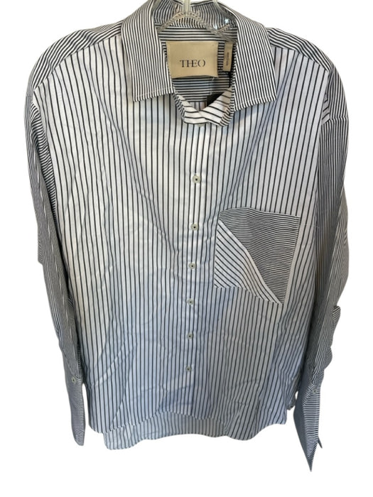 Theo Size M White & Gray Cotton Long Bell Sleeve Striped Front Pocket Top White & Gray / M