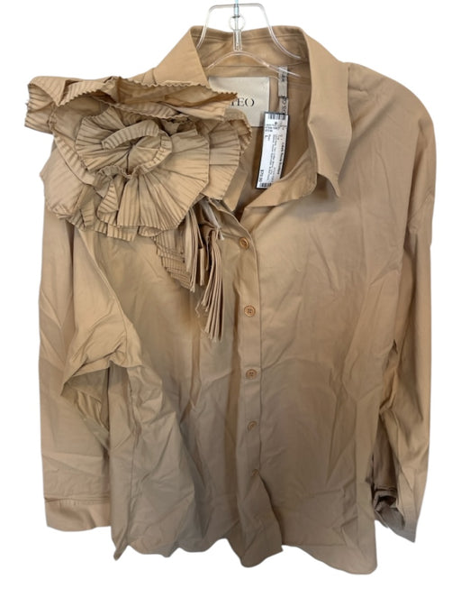 Theo Size L Tan Cotton Blend Long Sleeve Flower Application Button Down Top Tan / L