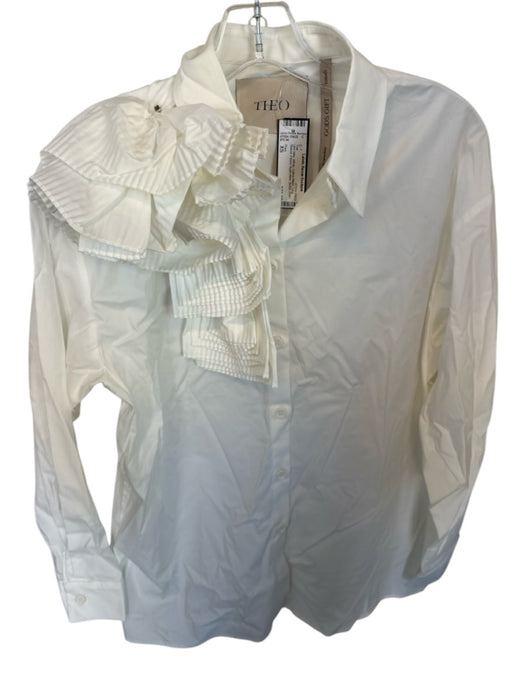 Theo Size XS White Cotton Blend Long Sleeve Flower Application Button Down Top White / XS