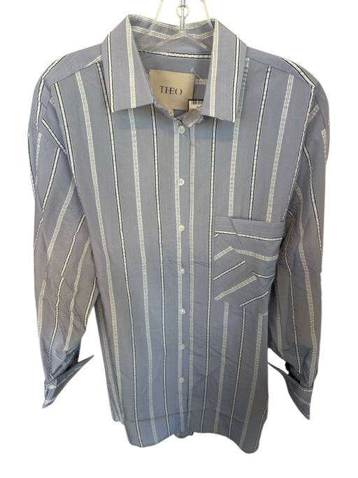 Theo Size M Blue & White Cotton Blend Long Sleeve Striped Button Sides Top Blue & White / M