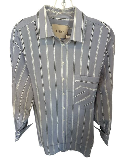 Theo Size M Blue & White Cotton Blend Long Sleeve Striped Button Sides Top Blue & White / M