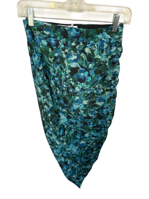 AIIFOS Size XS Teal & Green Silk Side Zip Watercolor Midi Skirt Teal & Green / XS