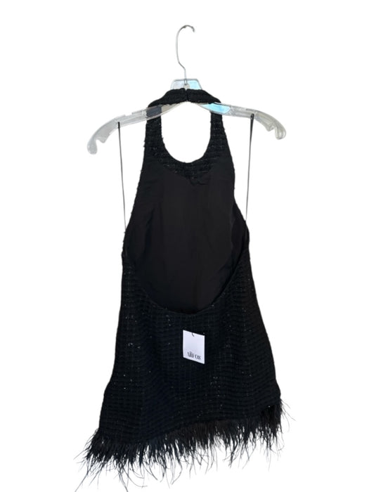AIIFOS Size M Black Polyester Halter Neck Tweed Feather Hem Mini Dress Black / M