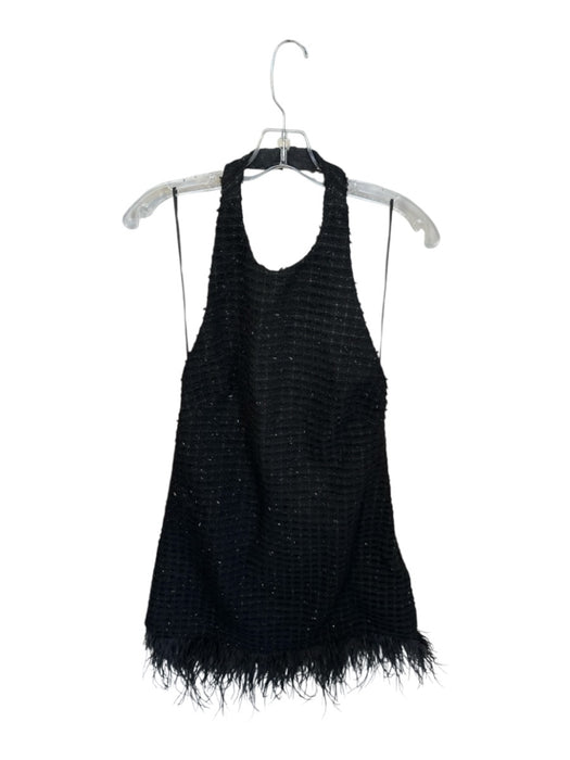 AIIFOS Size M Black Polyester Halter Neck Tweed Feather Hem Mini Dress Black / M