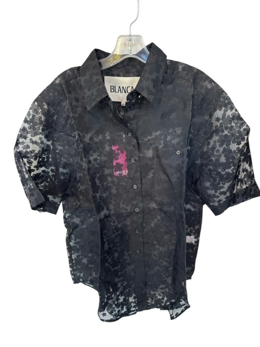 Blanca Size S/M Black Rayon Blend Short Sleeve Flowers Sheer Button Down Top Black / S/M