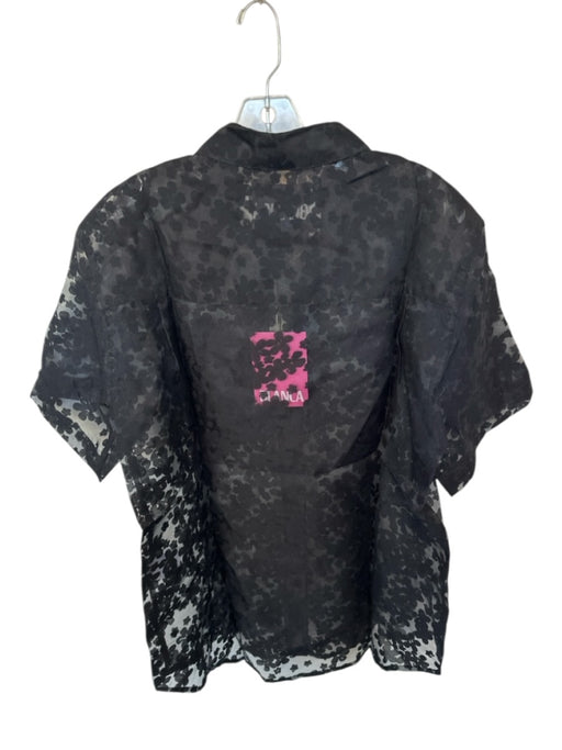 Blanca Size XS/S Black Rayon Blend Short Sleeve Flowers Sheer Button Down Top Black / XS/S