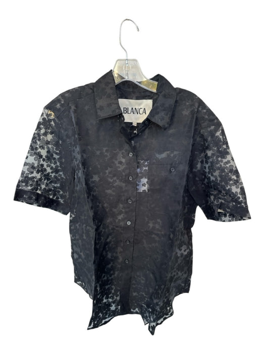 Blanca Size XS/S Black Rayon Blend Short Sleeve Flowers Sheer Button Down Top Black / XS/S