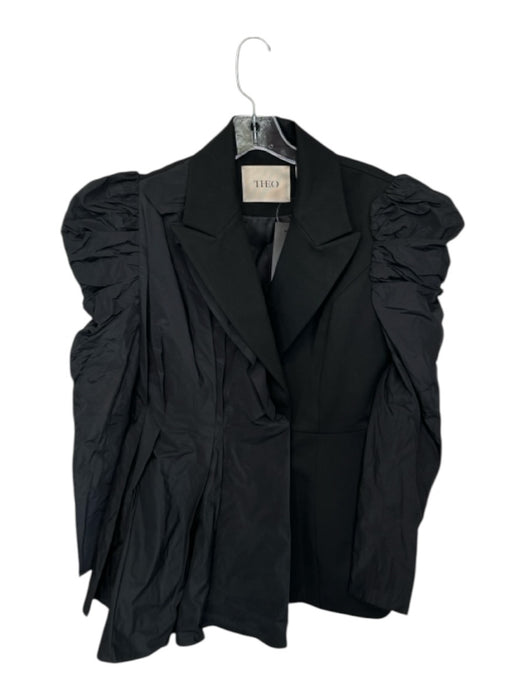 Theo the Label Size S Black Polyester Blend Long Sleeve Ruffle Detail Jacket Black / S