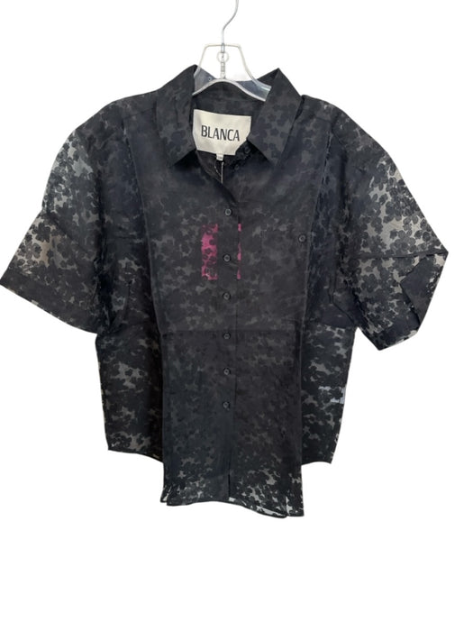 Blanca Size S/M Black Rayon Blend Short Sleeve Flowers Sheer Button Down Top Black / S/M