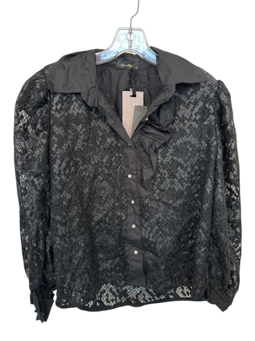 Veroalfie Size 1/S Black Mesh Long Balloon Sleeve Ruffles Button Down Top Black / 1/S