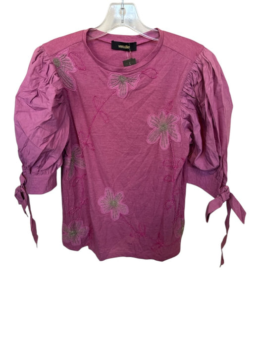 Veroalfie Size Est S Purple Cotton Blend Long Balloon Sleeve Beaded Flowers Top Purple / Est S